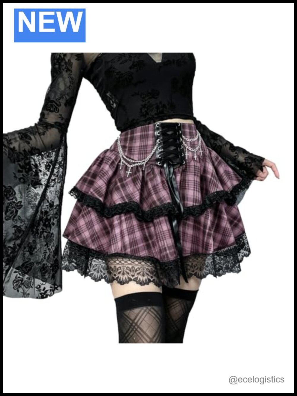 High Waist Gothic Punk Lace Up Double Layered Ruffle Skirt for Women